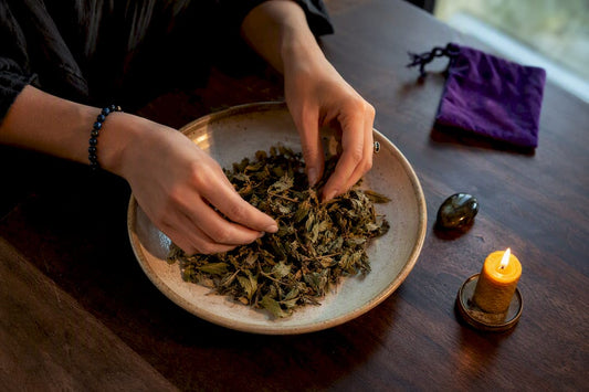 Hands arranging dried damiana leaves for ritual