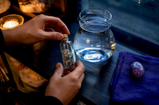 Sealed mineral vial beside drinking water