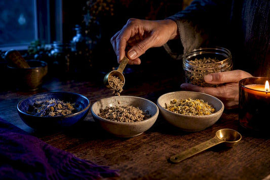 Measured dream herbs in ceramic bowls