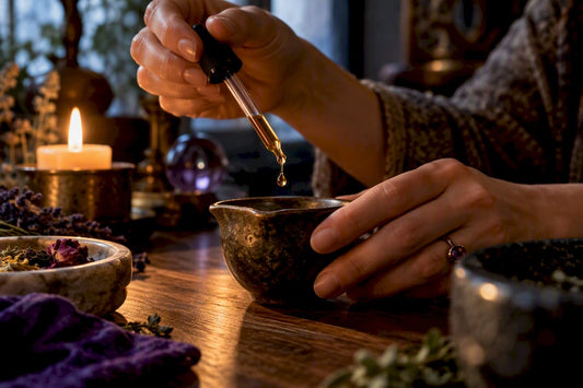 Hands blending drops in an alchemy workspace