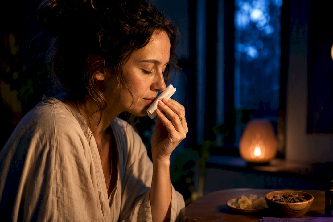 Practitioner inhaling essential oil before meditation