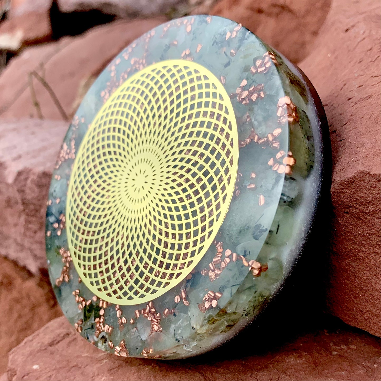 Prehnite Torus Orgonite Altar Plate 4"