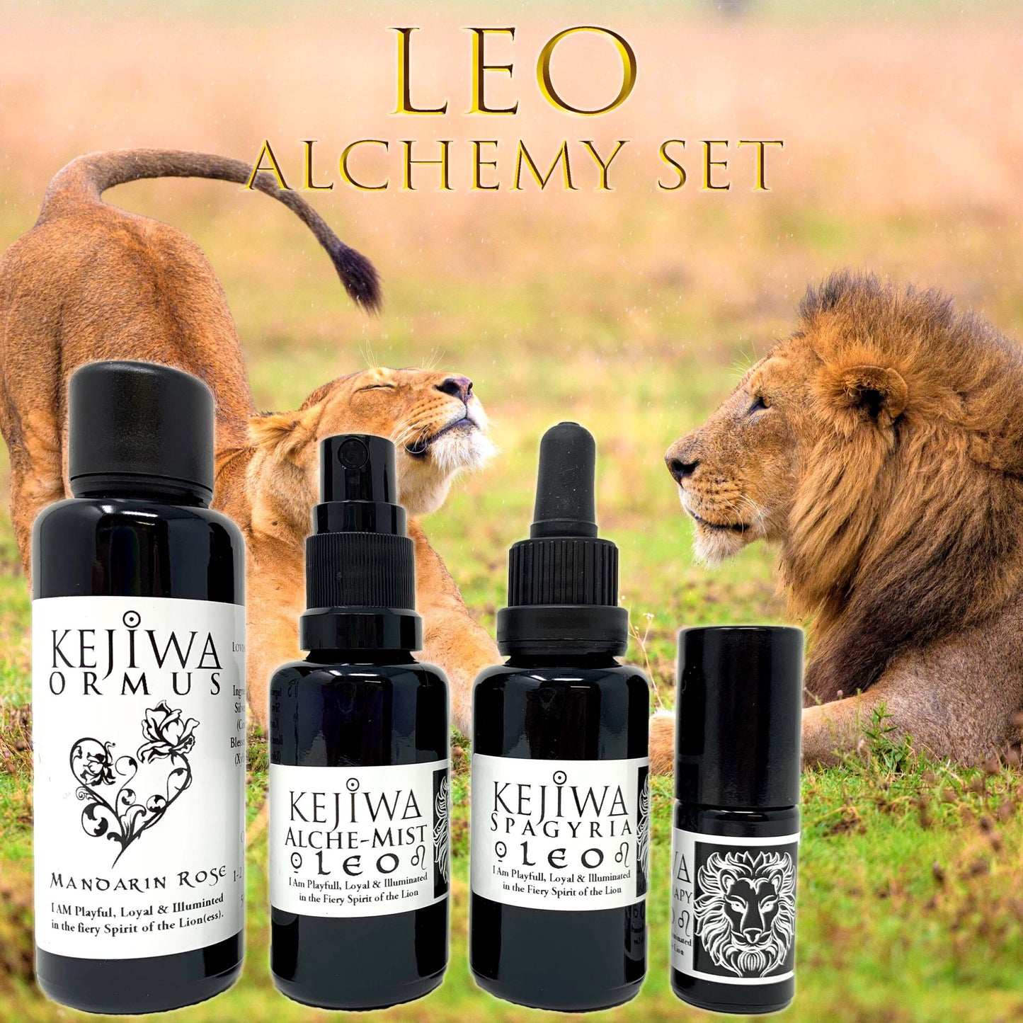Leo Alchemy set in Violet bottles with lion and Lioness