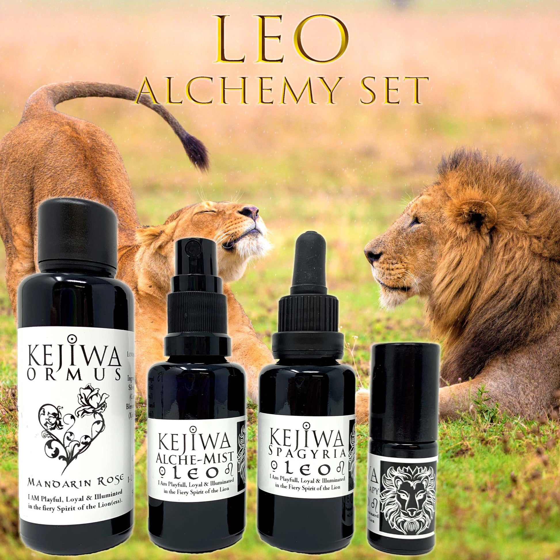 Leo Alchemy set in Violet bottles with lion and Lioness